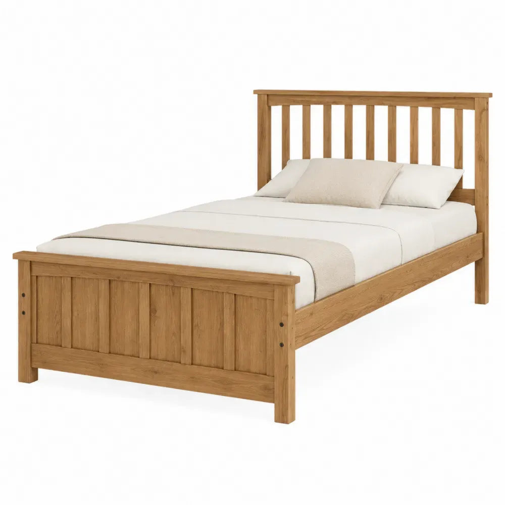 Cama de madera maciza de pino estructura de listones cabecero y piecero de madera natural 140 cm x 200 cm