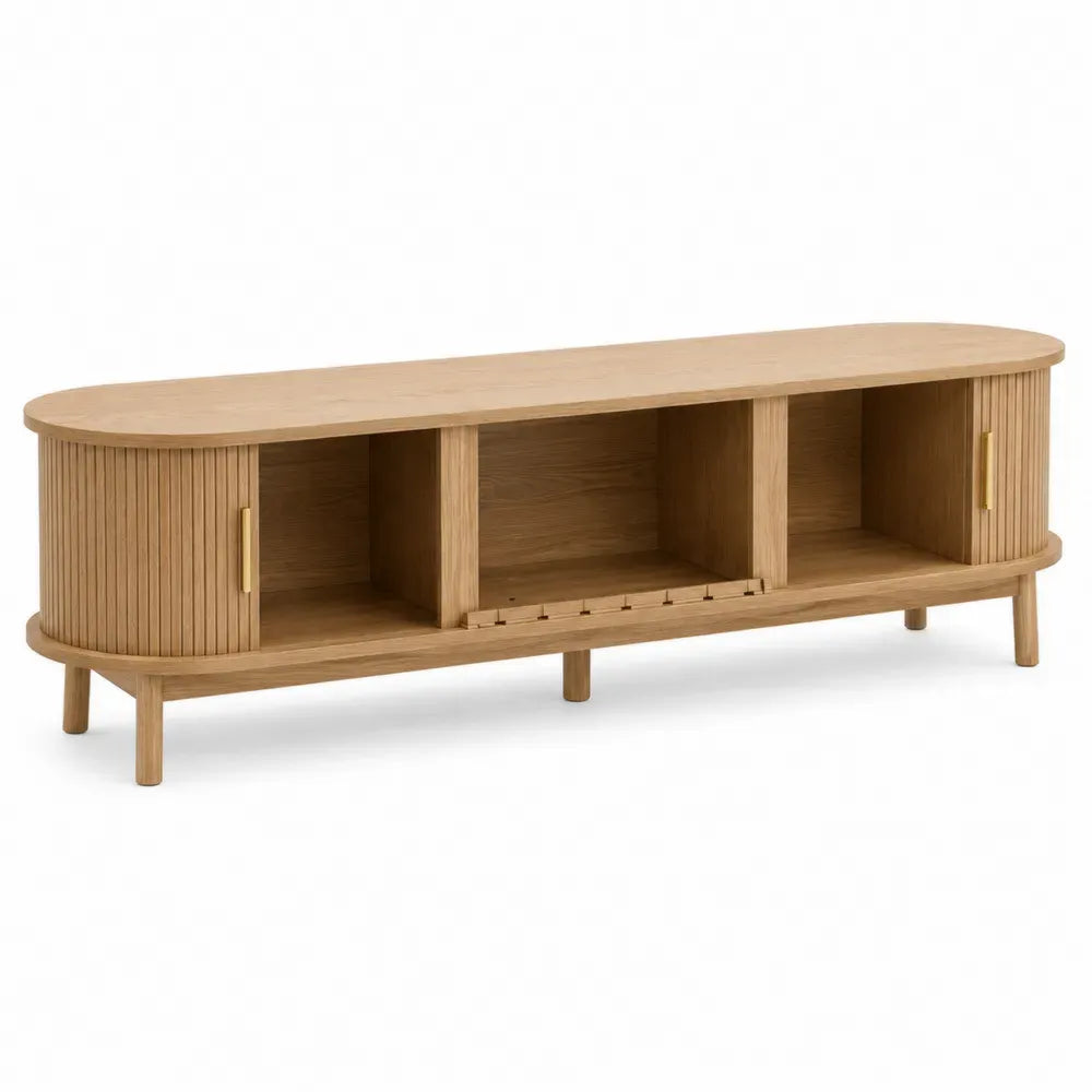 Mueble TV madera clara MDF con puertas ranuradas y estantes abiertos 180 cm 40 cm 55 cm