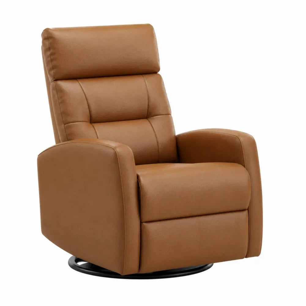 Sillón reclinable giratorio tapizado en piel sintética PU marrón con reposacabezas acolchado reposabrazos y base circular de acero negro 78 x 90 x 110 cm