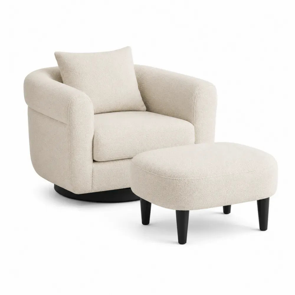sillón con otomana tapizado en tejido beige base giratoria diseño moderno