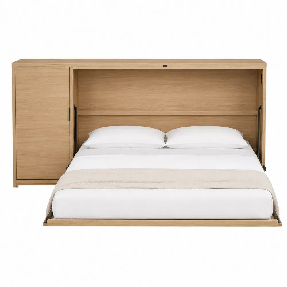 cama abatible vertical 160x200 cm con armario lateral izquierdo y almacenamiento tablero de partículas con melamina color roble natural sistema plegable metálico