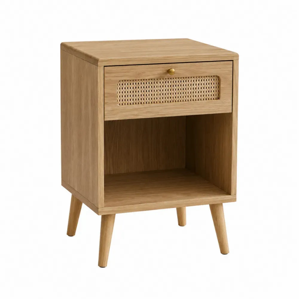 Mesita de noche rectangular de MDF efecto madera natural con cajón de ratán estante abierto y patas de madera 45 x 35 x 55 cm