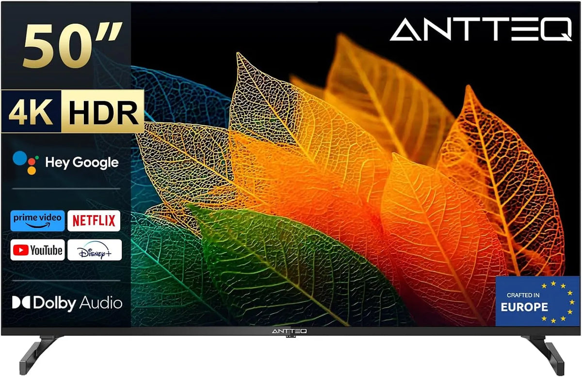 Antteq DVB-C/S/S2/T/T2 HDR10, Přenosné televizory, S50 Smart TV 50 palců (127cm) 4K UHD s Bluetooth, Dolby Vision &, Triple Tuner, Černá, 127cm