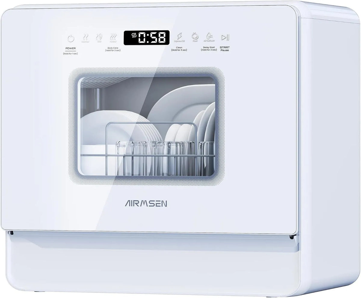 AIRMSEN, Stolní myčky nádobí, Mini myčka s měkkou vodou systém, 7 + 2 programy & 5L vodní nádrž, kompaktní, Bílá, 5L, 3 v