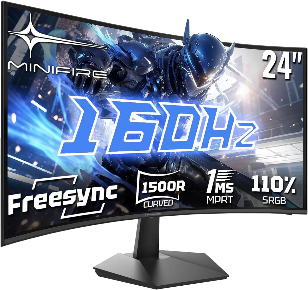 Minifire 1500R sRGB110, Monitory, 1Ms Gaming Curved Monitor 24 palců, 160Hz, Curved Gaming Monitor, 1M, FHD, Černá, 1L, 1920 × 1080