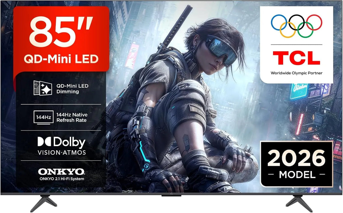 TCL 85T8D, Přenosné televizory, QD- mini LED 85 palců TV, 4K Smart TV, Google TV, 144 Hz, Černá, mini LED, 4K, QLED
