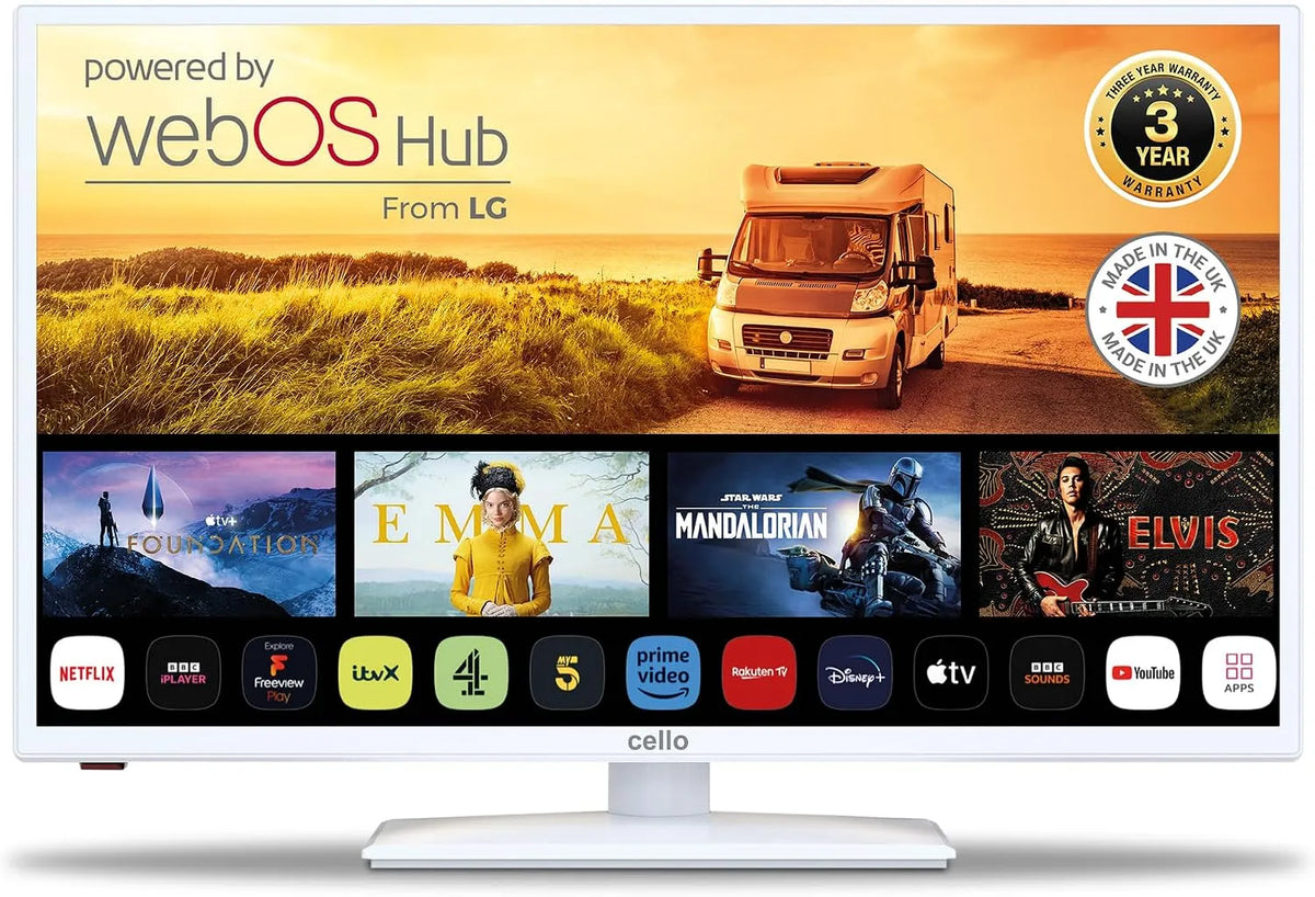 Cello, Televizory, bílá 12 Volt 32 palců Traveller Smart TV, ultrarychlý Webos, Bluetooth, Netflix, Bílá, 12 V, 10 V, 27 V