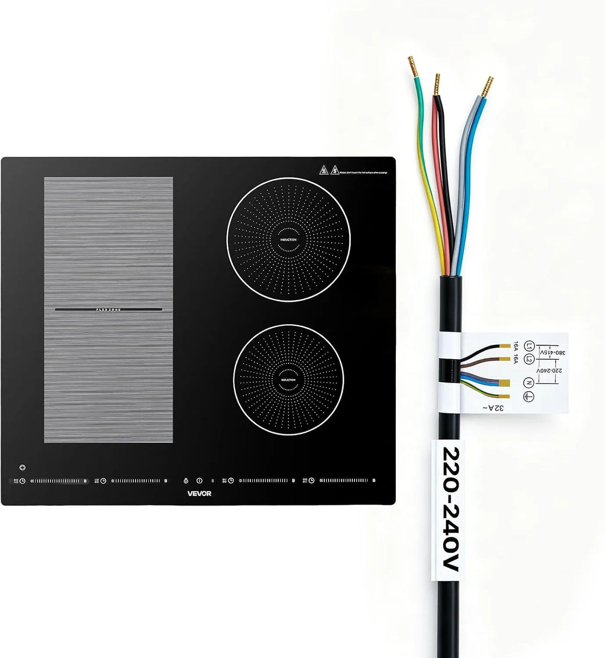 VEVOR, Varné desky, indukční sporák se 4 zónami v indukční horkovzdušné desce 7200 W, indukční sporák, Černá, 7200 W, 240 V, 50 Hz, 24 x 19
