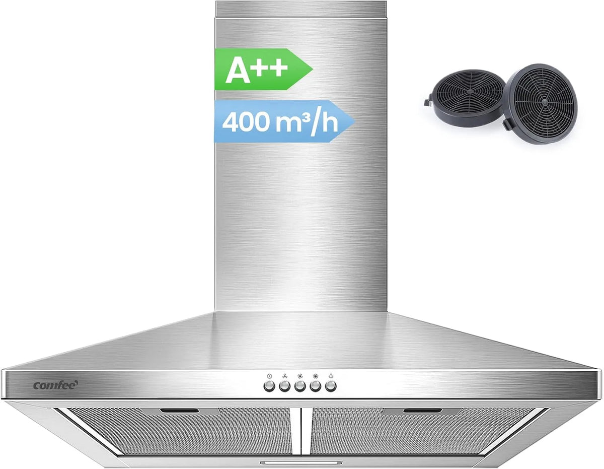 Comfee 400m3 CH60A17EM400SS, Nástěnné digestoře, 60cm Dokovací kapota 60 cm cirkulujícího vzduchu a výfukového vzduchu A + + / h, Černá / stříbrná