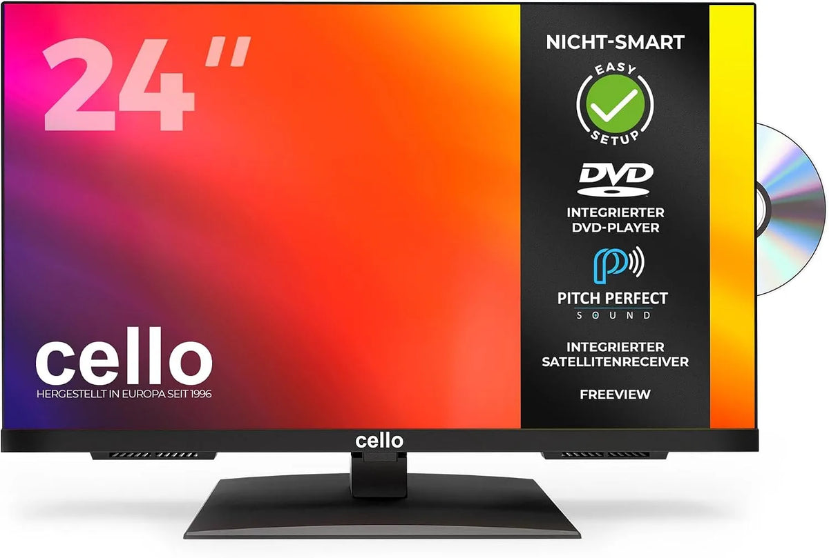 Cello DVB-C/S2/T2 C2424F, Přenosné televizory, 24 palců HD LED TV s DVD přehrávačem, trojitý tuner DVB-C / S2 / T2, USB, Černá, 230 V