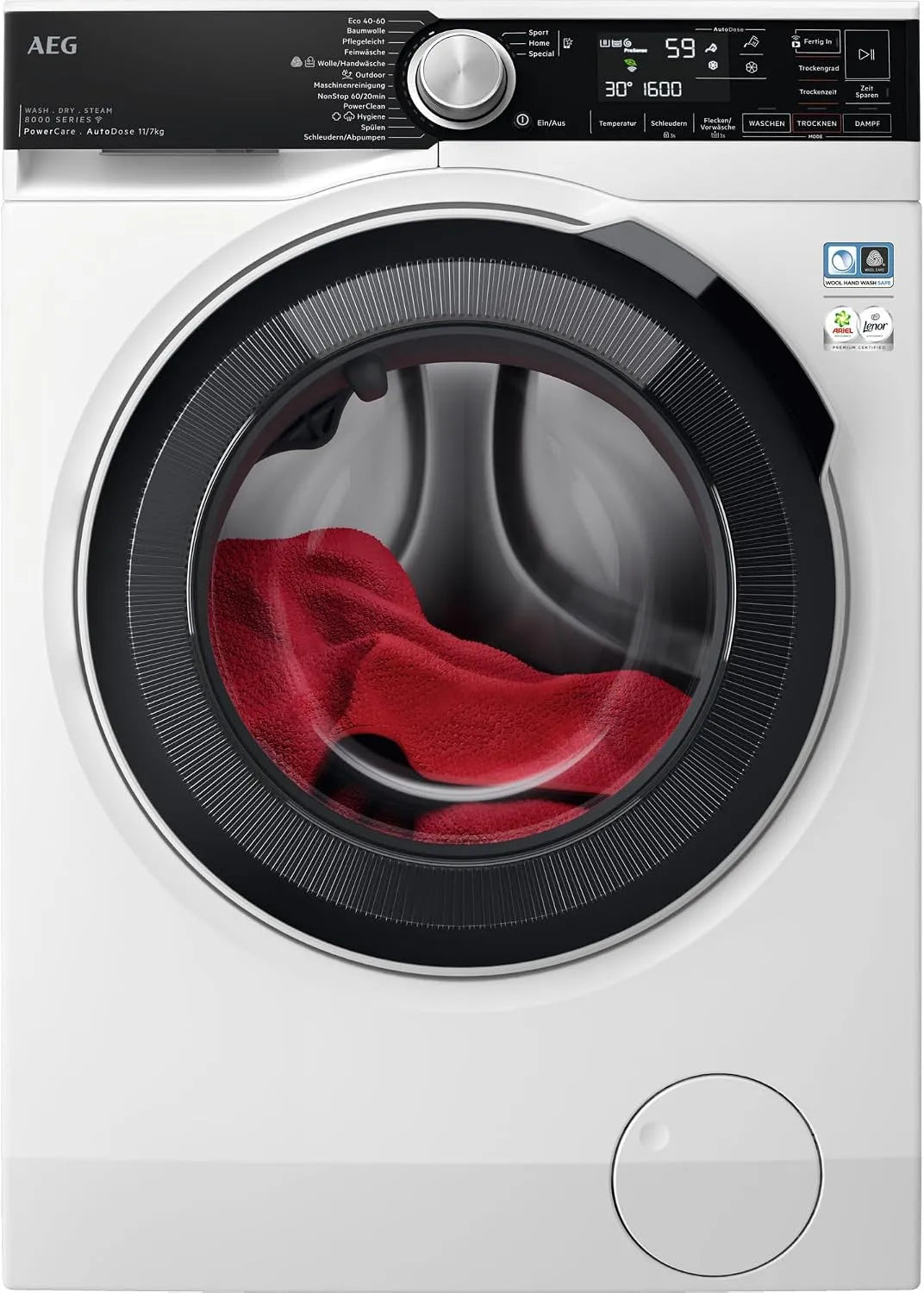 AEG D/A-10 A-10, Vyhřívací zařízení, WiFi pračka sušička, 11 kg mytí, 7 kg sušení, D / %, Series 8000 PowerCare - Mytí, Bílá, 11 kg, 7 kg, 2 l