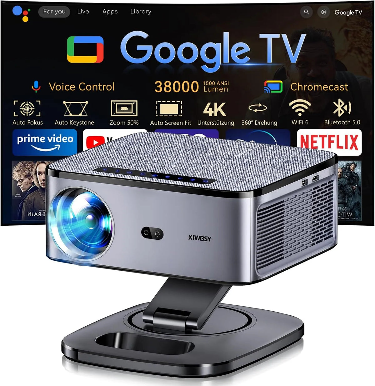 XIWBSY 1080P, Projektory, Beamer 4K LAN 1500 ANSI & Google TV / Autofocus LAN Full HD 38000 Lumens, Černá, 4K, Full HD, 38000 L, 5 W