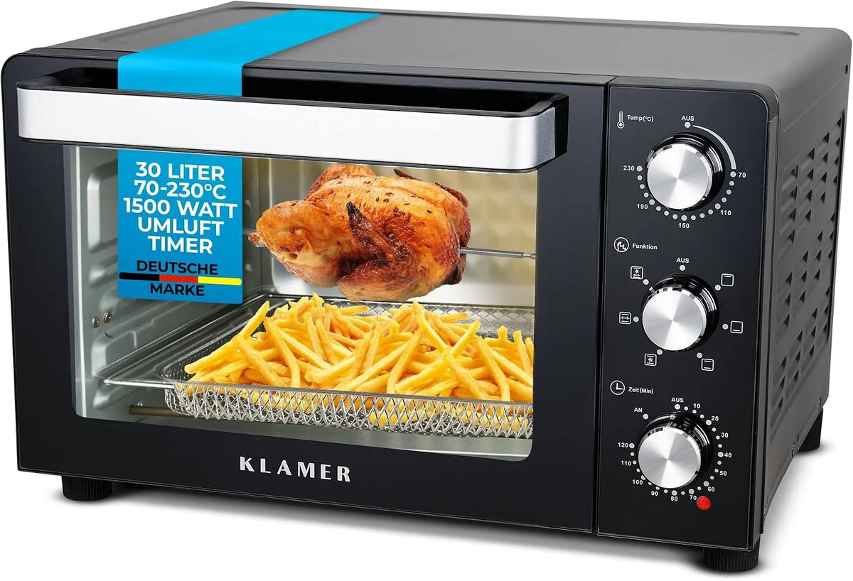 KLAMER, Mini trouby, Mini- pečící trouba s cirkulujícím vzduchem a rotační steawer, 30 litrů pro pizzu, Černá / stříbrná, 30 l, 30 cm, 3 v
