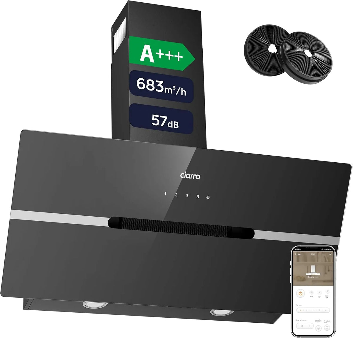CIARRA CBCB9736F 683m3, Nástěnné digestoře, A + + vzdálenost 90 cm Černé matné sklo / h 57dB, Černá, 90 cm, 57dB, 10 kW, 4V