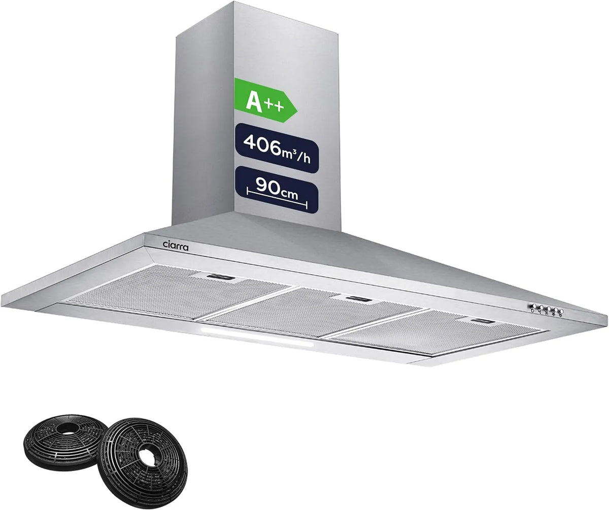 CIARRA CBCS9201, Nástěnné digestoře, A + + vzdálenost 90 cm nižší než 60 dB 406 m3 / h, Černá / stříbrná, 90 cm, 60 dB, 63dB, 1x5