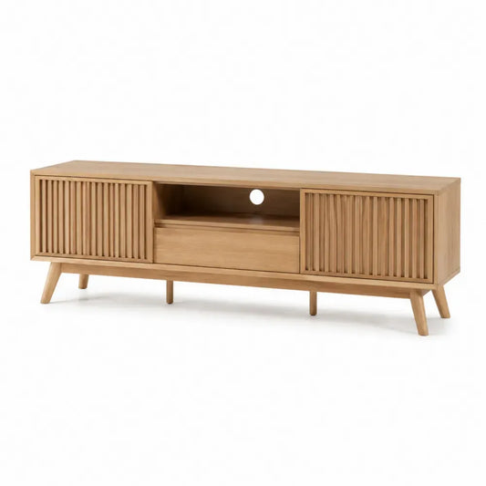 Mueble para TV de madera en acabado roble claro con puertas correderas ranuradas y cajón central 180 x 40 x 50 cm