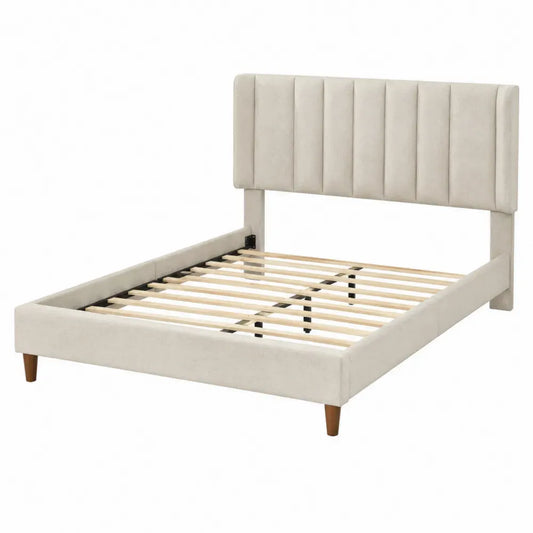 Cama tapizada con cabecero acolchado vertical base de listones de madera beige 160 x 200 cm
