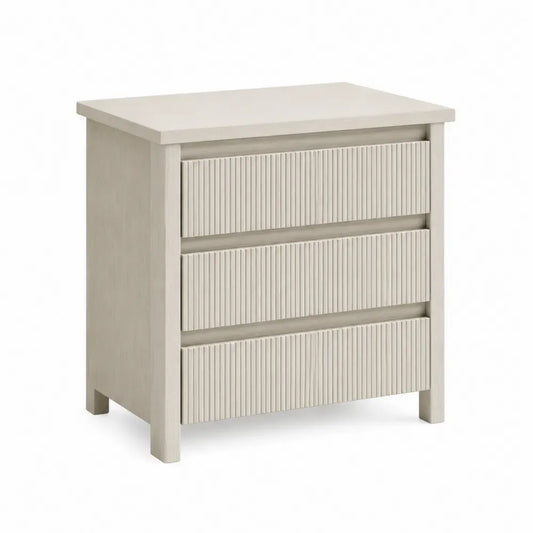 Mesita de noche con 3 cajones estriados estructura MDF acabado madera clara color beige claro 60 cm x 40 cm x 60 cm