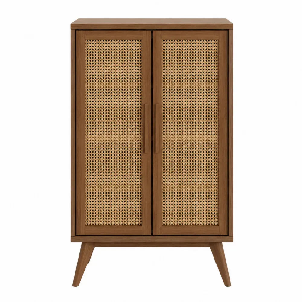 Mueble de almacenamiento rectangular de MDF con chapa de nogal 2 puertas de ratán color marrón nogal 120 cm