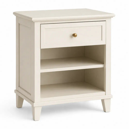 Mesita de noche rectangular de MDF lacado crema con un cajón estante abierto y tirador dorado 45 x 35 x 60 cm