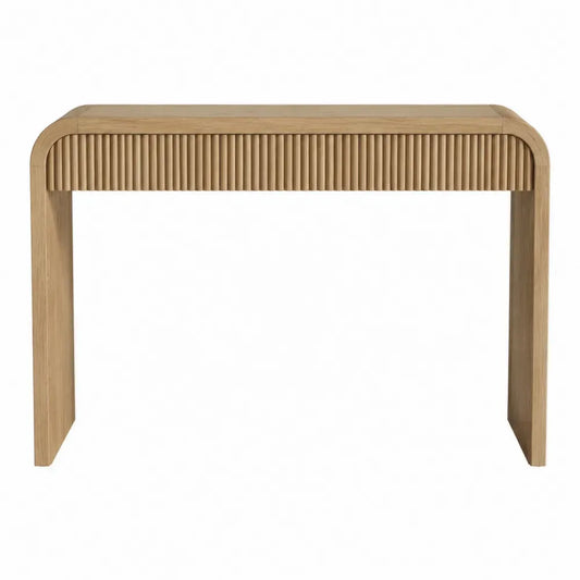 Mesa consola rectangular de MDF con chapa de roble laterales curvos y frente acanalado color roble natural 120 cm