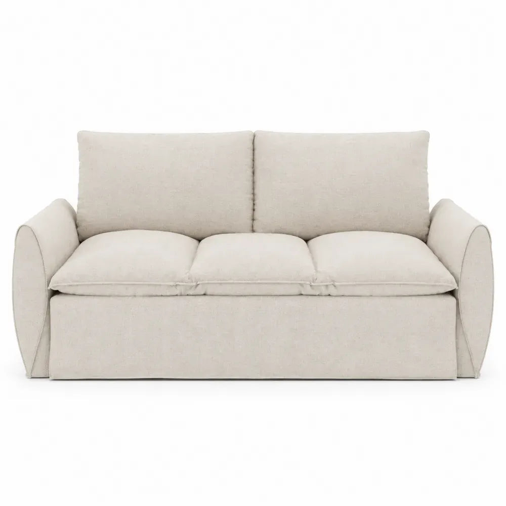 Sofá cama de 3 plazas tapizado en tela de poliéster beige con reposabrazos redondeados cojines acolchados y estructura de madera 210 x 95 x 85 cm