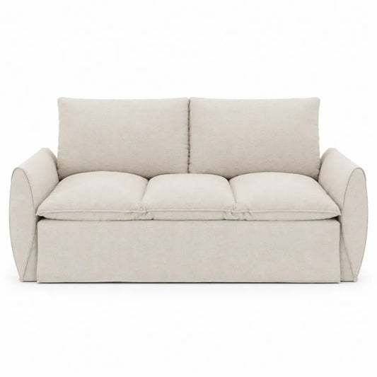 Sofá cama de 3 plazas tapizado en tela de poliéster beige con reposabrazos redondeados cojines acolchados y estructura de madera 210 x 95 x 85 cm
