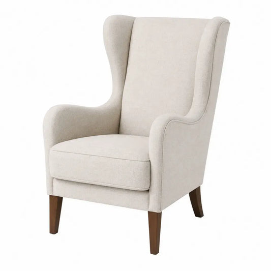 Butaca orejera tapizada en tela de poliéster beige con reposabrazos respaldo alto acolchado y patas de madera marrón 73 x 78 x 101 cm