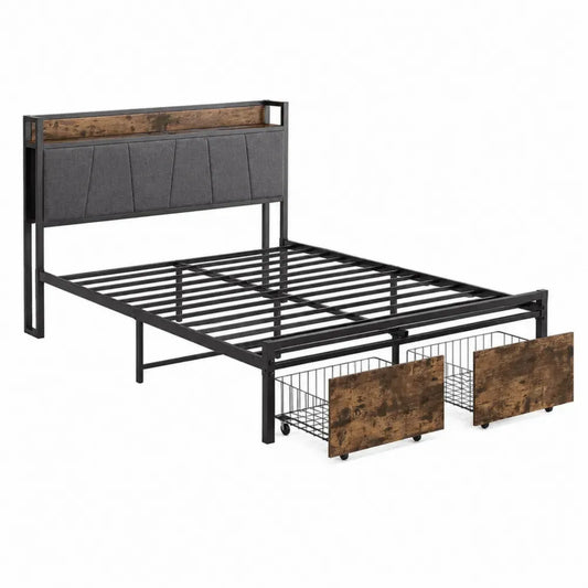 Cama de matrimonio estructura de acero con almacenaje cajones cabecero tapizado base de láminas metálicas MDF madera marrón negro gris 160 cm x 200 cm