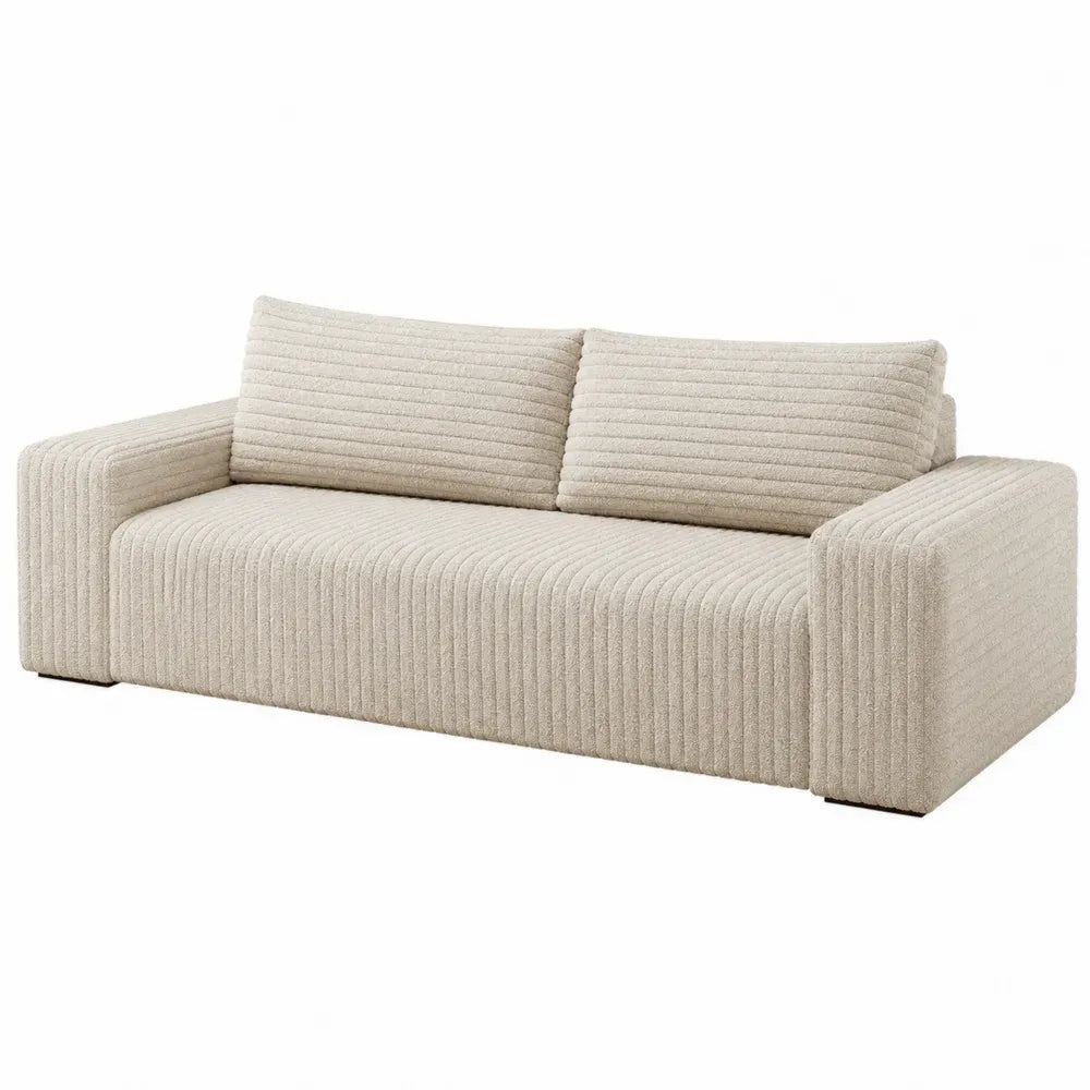 Sofá cama de 3 plazas tapizado en pana de poliéster beige con reposabrazos cuadrados respaldos acolchados y apoyos bajos negros 200 x 90 x 85 cm