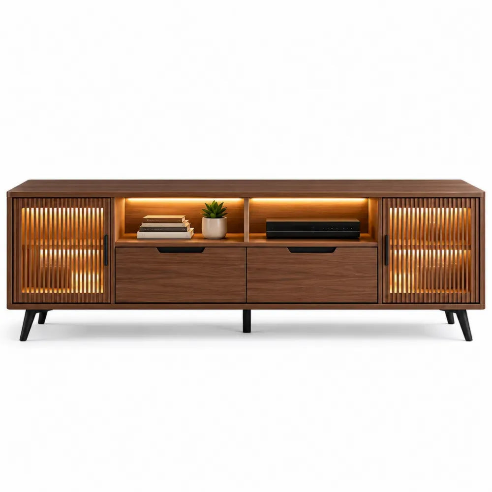 Mueble para TV de madera acabado nogal con iluminación LED puertas ranuradas cajones y patas metálicas negras 180 x 40 x 55 cm