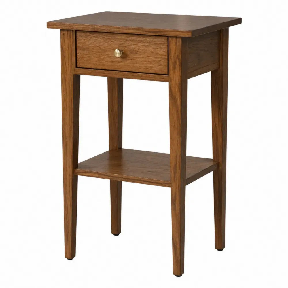 Mesita de noche de madera maciza de nogal con cajón y estante estructura patas cónicas color nogal natural 45 cm x 35 cm x 60 cm