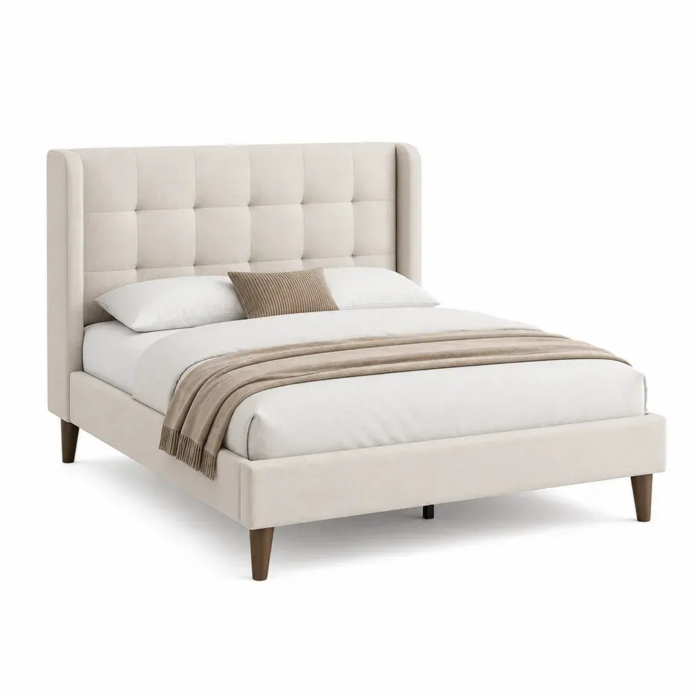Cama matrimonial rectangular tapizada en poliéster con cabecero acolchado beige y patas de madera 160 x 200 cm