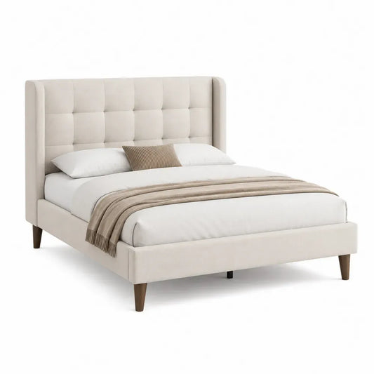 Cama matrimonial rectangular tapizada en poliéster con cabecero acolchado beige y patas de madera 160 x 200 cm