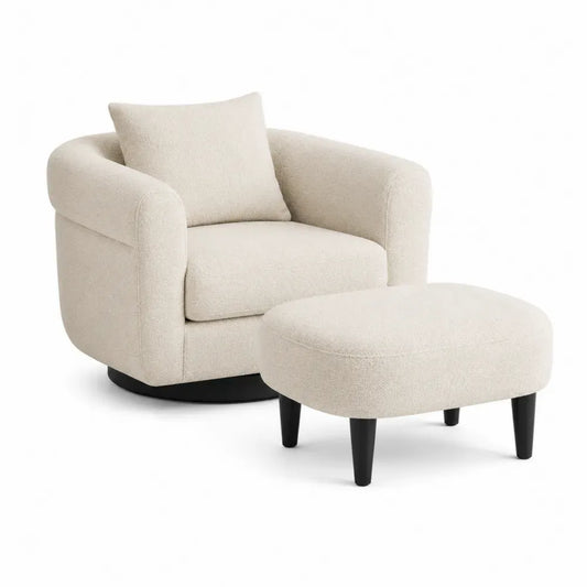 sillón con otomana tapizado en tejido beige base giratoria diseño moderno