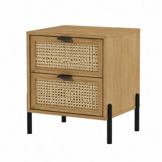 Mesita de noche rectangular de MDF efecto madera natural con dos cajones de ratán y patas metálicas negras 50 x 40 x 55 cm