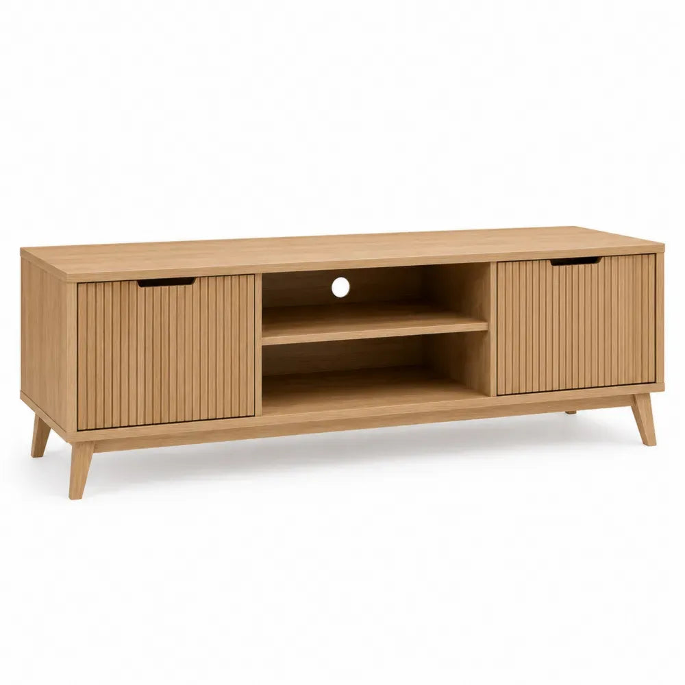 Mueble TV rectangular de MDF color madera clara con 2 puertas ranuradas y compartimento abierto 180 x 40 x 55 cm