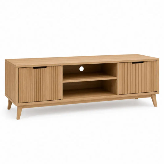 Mueble TV rectangular de MDF color madera clara con 2 puertas ranuradas y compartimento abierto 180 x 40 x 55 cm