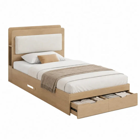 cama individual con almacenamiento dos cajones estructura de madera MDF color madera natural blanco cabecero tapizado sin dimensiones especificadas