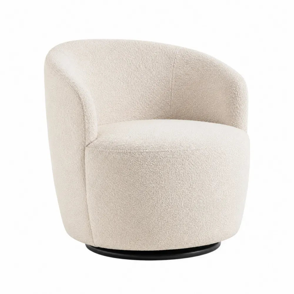 Sillón giratorio tapizado en tejido bouclé de poliéster beige con respaldo curvo envolvente asiento redondo y base circular de acero negro 78 x 75 x 76 cm