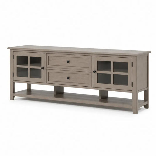 Mueble para TV rectangular de MDF gris claro con 2 puertas de vidrio 2 cajones y estante inferior 160 x 40 x 60 cm