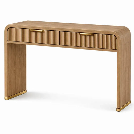 Mesa consola rectangular de MDF con chapa de roble 2 cajones acanalados roble natural y dorado 120 x 35 x 80 cm