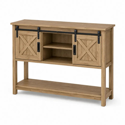 mesa consola de salón con puertas correderas tipo granero madera natural MDF estructura metal negro 140 cm diseño rústico