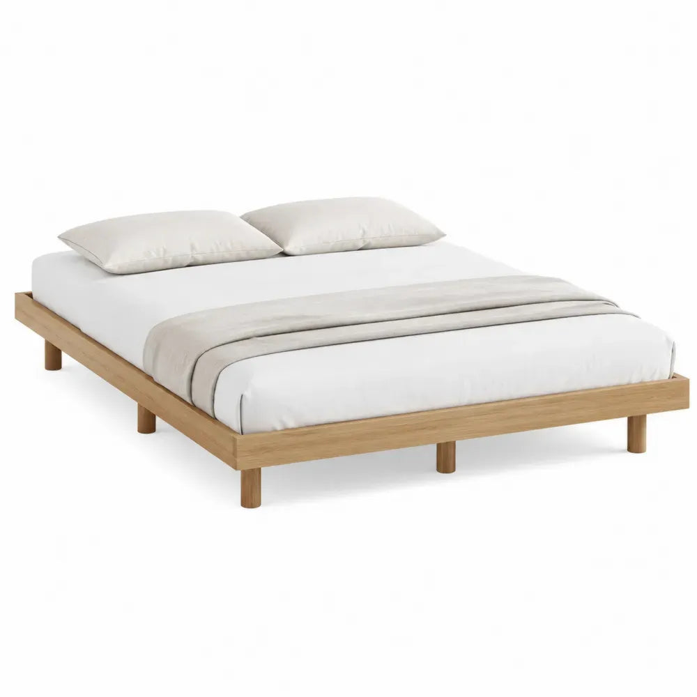 Cama baja de plataforma rectangular de madera maciza de pino natural con patas cilíndricas 160 x 200 cm