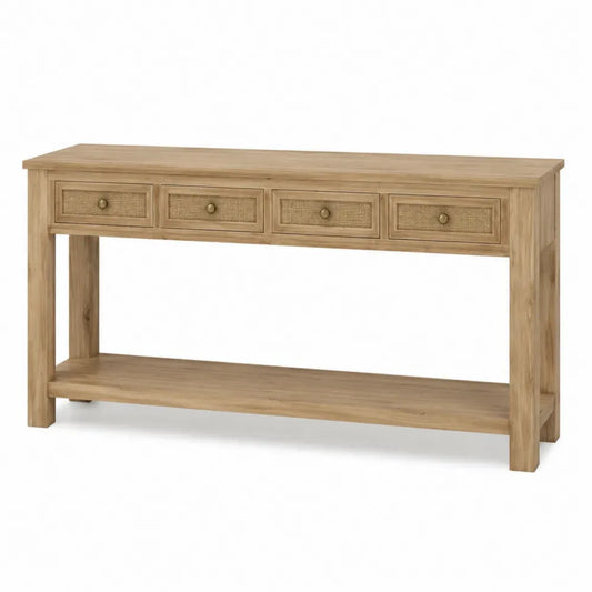 consola aparador 4 cajones madera natural MDF con chapa de roble estante inferior 140 cm diseño nórdico