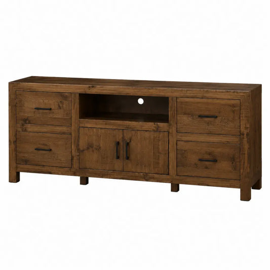 Mueble TV rectangular de MDF marrón efecto madera con 4 cajones 2 puertas y compartimento abierto 160 x 40 x 70 cm