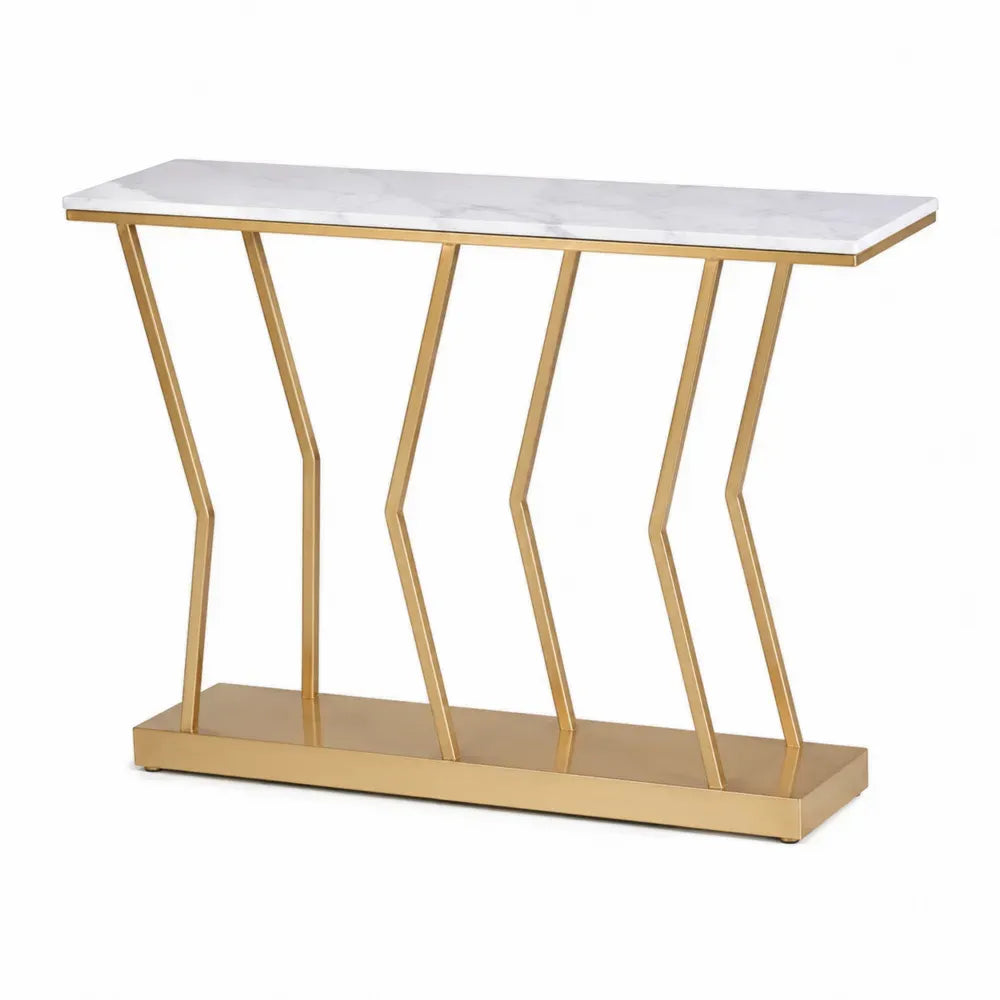 Mesa consola rectangular con tablero efecto mármol blanco y estructura metálica dorada geométrica 120 cm