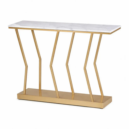 Mesa consola rectangular con tablero efecto mármol blanco y estructura metálica dorada geométrica 120 cm