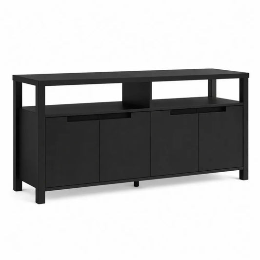 Mueble TV negro MDF con estructura metálica patas negras con puertas y estante abierto 180 cm 40 cm 60 cm