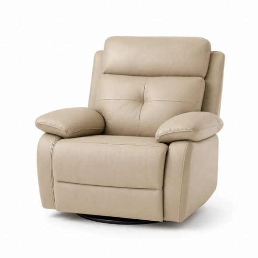 Sillón reclinable giratorio tapizado en piel sintética PU beige con reposacabezas acolchado reposabrazos y base circular de acero negro 90 x 85 x 105 cm